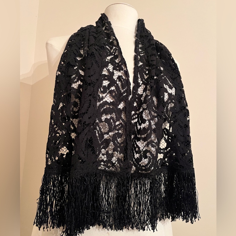 Chic Black Lace Scarf with Black Fringe